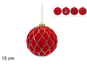 PALLA 15CM VELLUTO ROSSO C GLITTER ORO 4ASSORTIMENTI