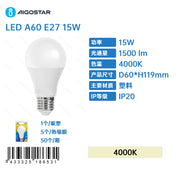 LED A5 A60(15W,E27,4000K)